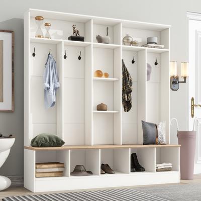 AISWORD Wide Design Hall Tree with Bench,Minimalist Shoe Cabinet with Cube Storage & Shelves,Multifunctional Coat Rack with 8 Hooks