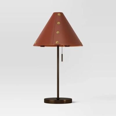 All Categories Goods Threshold Table Lamp With Leather Shade, Metal Cone Base Threshold Table Lamp With Leather Shade, Metal Cone Base