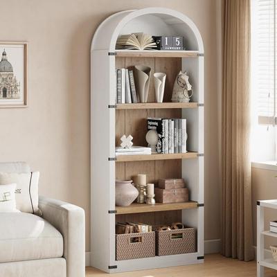 Garvee "5-Tier 71.65"" Tall Arched Farmhouse Wooden Bookcase - Modern Black Wood Grain, Metal Corner Protection"