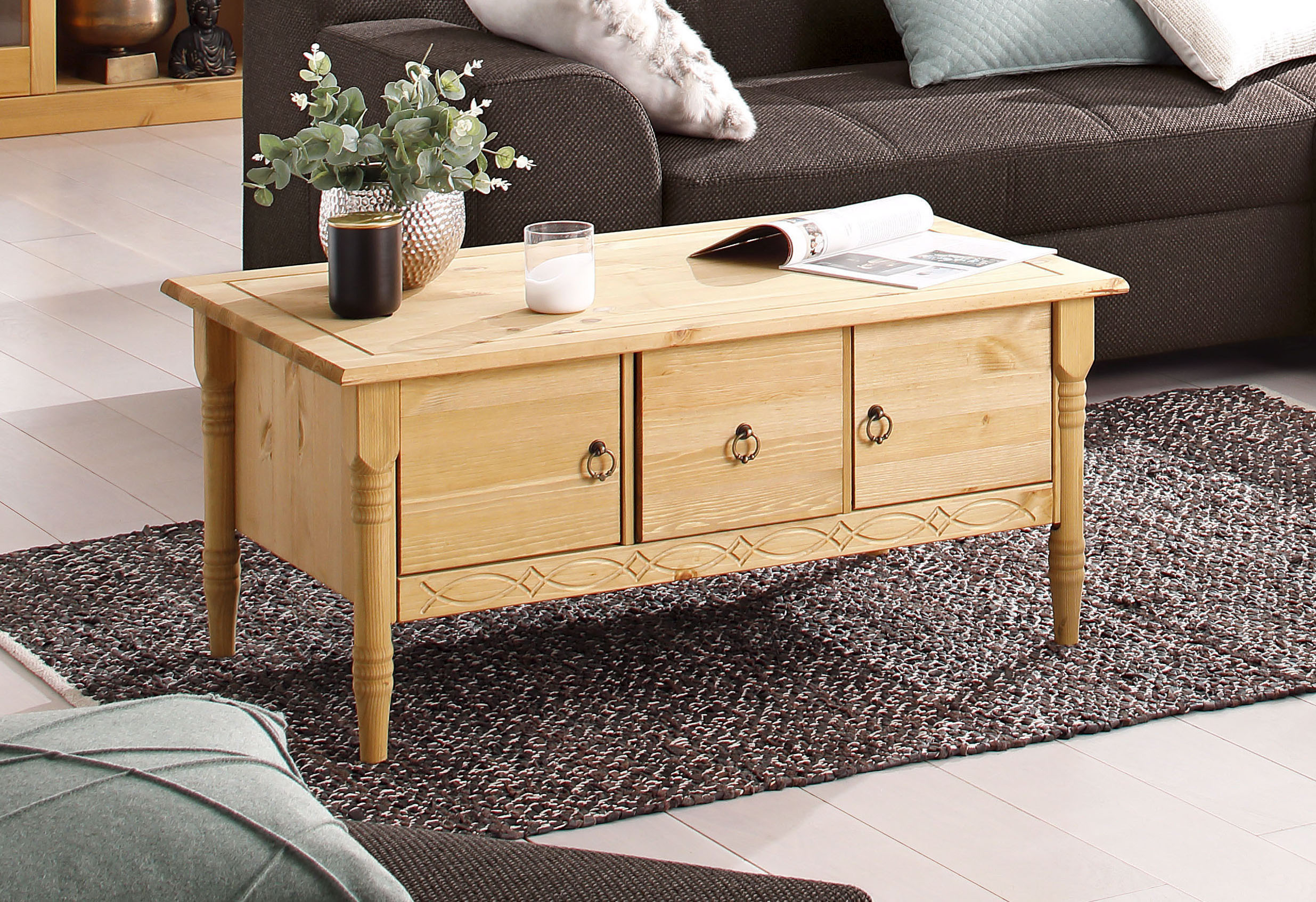 Couchtisch GOODPRODUCT "Indra", beige (natur), B:100cm H:45cm T:60cm, Tische, Couchtisch, aus massiver Kiefer, FSC, mit Stauraum, dezentes Ornament natur B/H/T: 100cm x 45cm x 60cm
