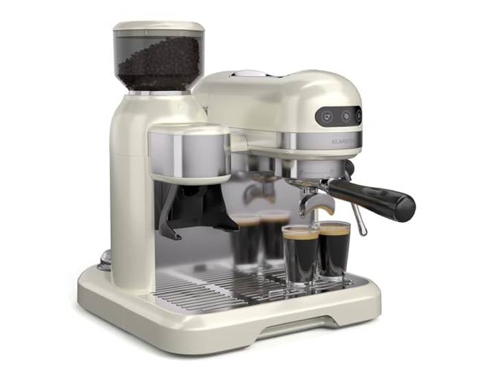 KLARSTEIN Bella Café Machine à café en grain – 19 Bars\, 1550 W\, Broyeur intégré 200 g\, Mousseur à lait\, Réservoir 1\,4 L\, Acier inoxydable\, Design rétro\, Crème