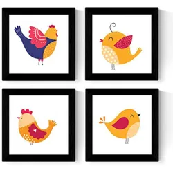 POSTER Set mit 4 Familie von Hühnern skandinavischen Stil nordico 20x20cm Schwarzer Rahmen
