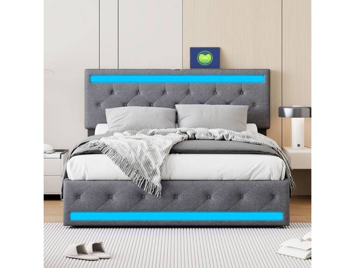 Lit Double 180x200cm 4 Tiroirs LED USB Intégrés Cadre de lit Lin Gris