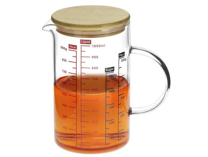 Messbecher 1L Borosilikatglas mit Bambusdeckel, Transparent, Glas, Backen & Backzubehör, Messbecher