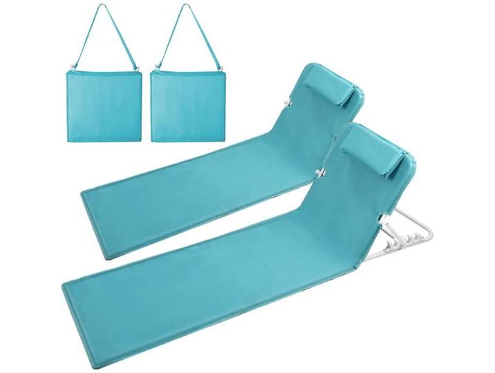 Lot de 2 Tapis de Plage Bain de Soleil Chaise Longue Transat de Plage avec Appui-tête-Dossier Réglable 5 Positions 160x52cm Bleu