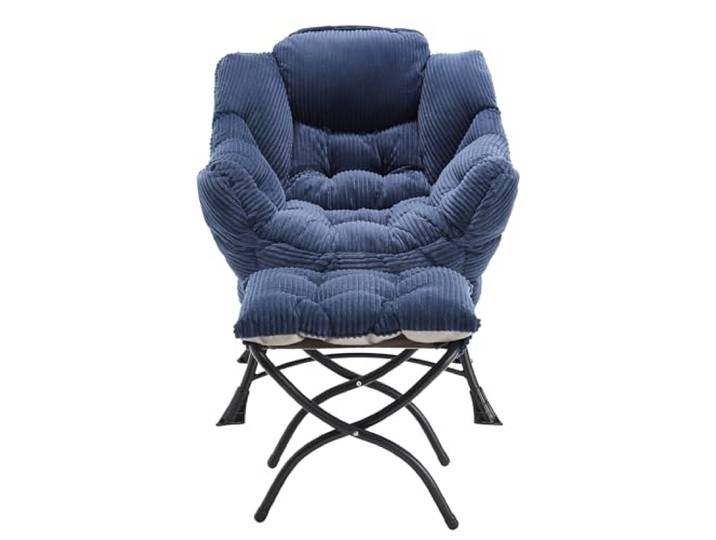SEEDWAVE Sessel Flanell Armlehnstuhl Ohrensessel mit 1 Fußhocker, 1 Seitentasche, (Relaxsessel mit Hocker), Der Polstersessel mit Stahlgestelle (Marineblau)