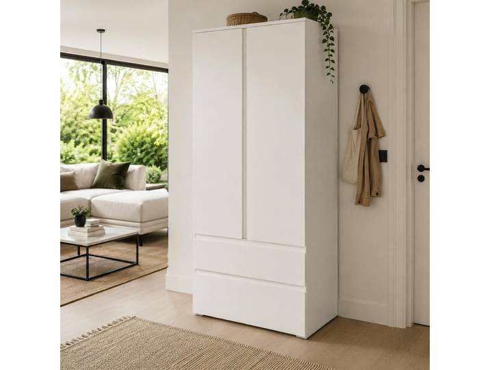 Armoire Penderie Blanche 2 Portes 2 Tiroirs Alva