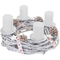 Mendler Adventskranz rund, Weihnachtsdeko Tischkranz, Holz Ø 30cm weiß-grau ~ mit Kerzen, weiß