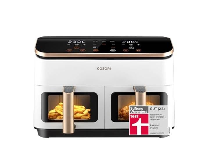 Cosori Airfryer, Mit Sichtfenster, 8,5L Heißluftfritteuse 2 Kammern Testsieger der Stiftung Warentest, NTC-Tech für präzise Temperaturkontrolle, Warmweiß
