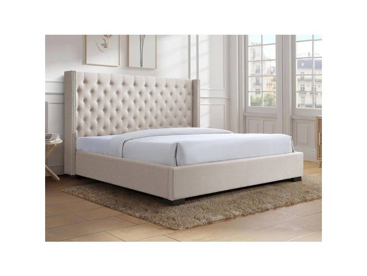 Lit 200 x 200 cm avec tête de lit capitonnée - Tissu - Beige - MASSIMO