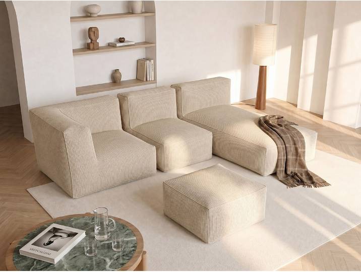 Ecksofa mit Hocker - beliebig kombinierbar - Cord - Beige - NOUMARA