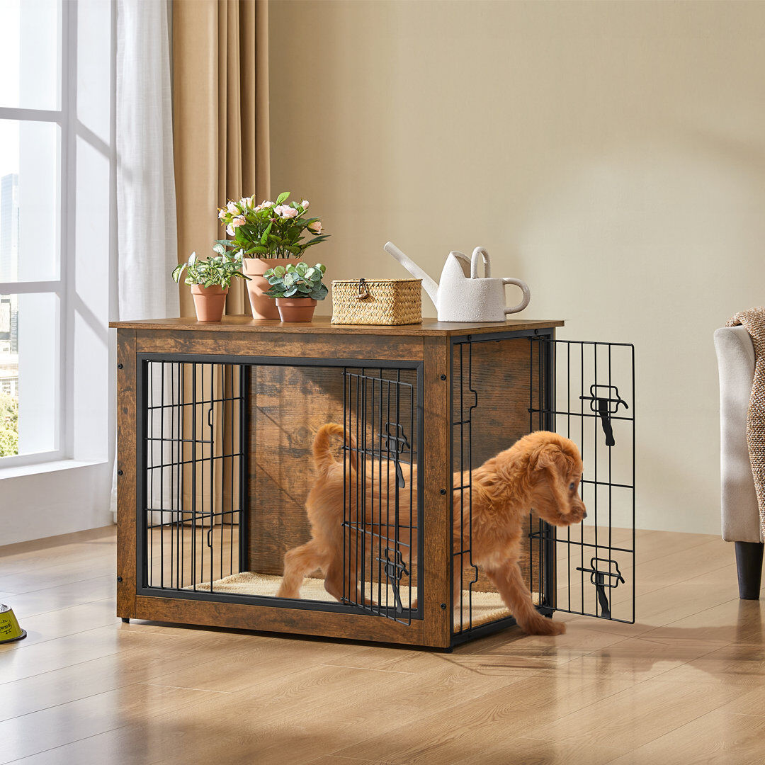 Yaheetech Dog Crate Furniture with 2 Doors Rustic Brown/Black 64cm H x 80.5cm W x 55.5cm D