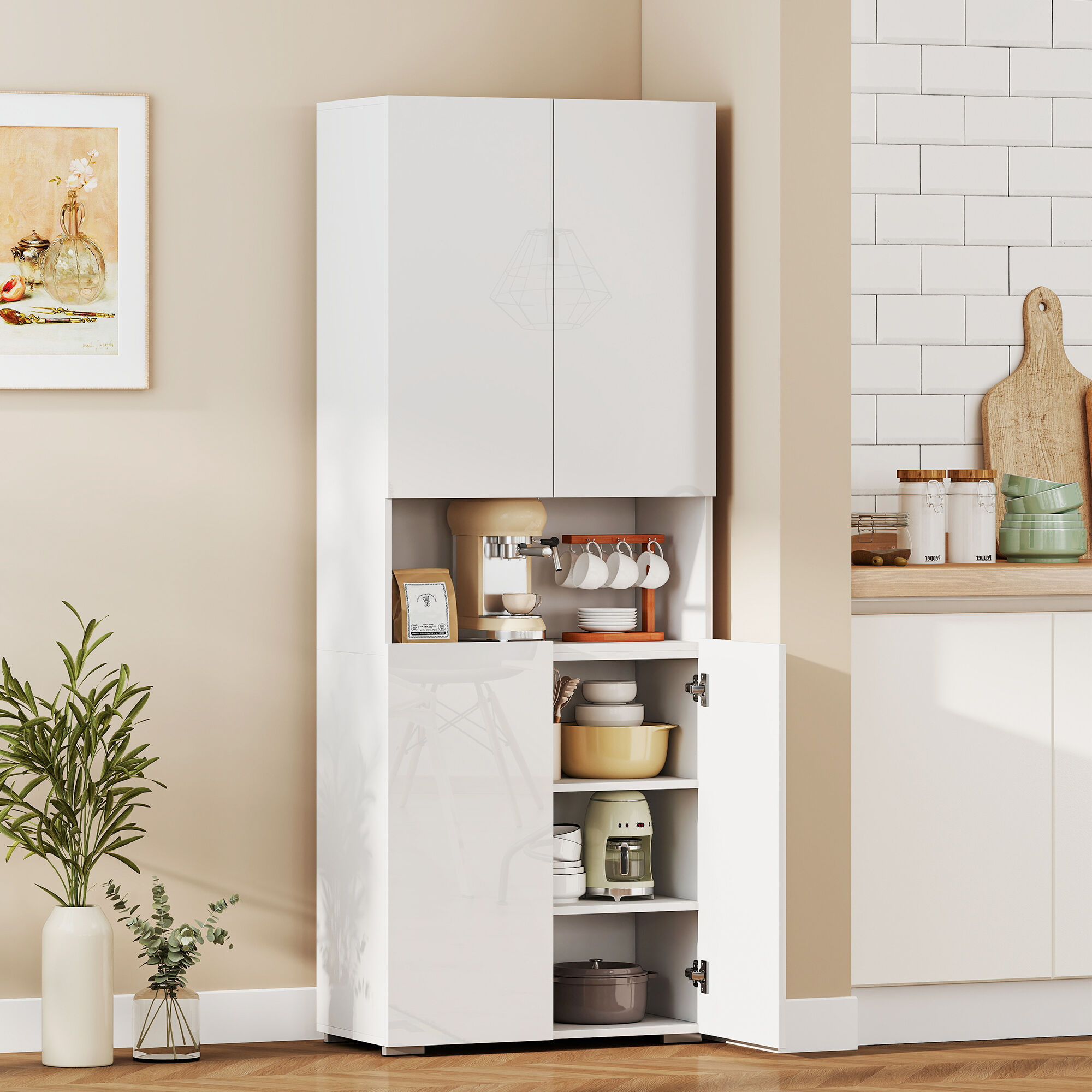 Altro Credenza Cucina Alta 180cm, Mobile Dispensa Con Ante SofT-Close, Ripiano Aperto, 2 Armadietti, Ripiani Regolabili, Mobile Cucina Moderno Per Sala da