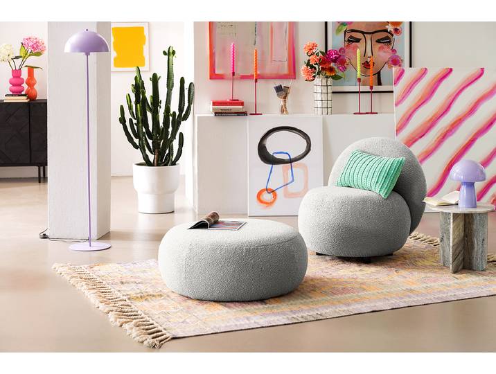 Repose-pieds capitonné STOOLA 65cm Gris Tissu Bouclé Basima: Gris clair