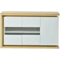 STILVORA Sideboard aus Spanplatte in Weiß, 140x40x84 cm, LED, Glastüren