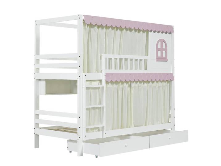 ComfortXL Etagenbett Kinder 90x200 Weiß+Rosa mit Fenster, Vorhängen und Stauraum, Holz, 90x200 cm, Babymöbel & Kindermöbel, Kinderzimmer & Jugendzimmer, Stockbetten