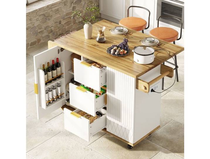 îlot central mobile avec 2 tabourets SENVIRO - 134 x 74 x 88 cm plan extensible prise intégrée blanc