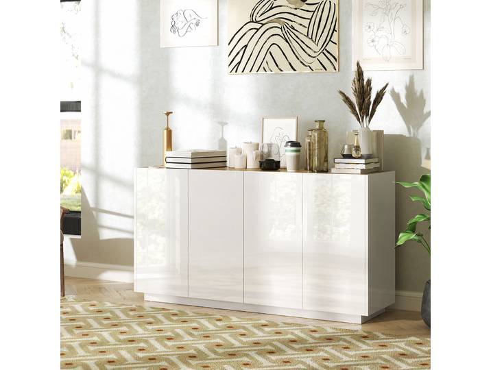 HOMCOM Buffet Cuisine 4 Portes Blanc Laqué 140x40x75 cm