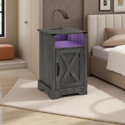 ZWYO HOSIMU "16"" Particle Board Nightstand with Charging Station & RGB LED Lights & Storage Cabinet & Shelf"