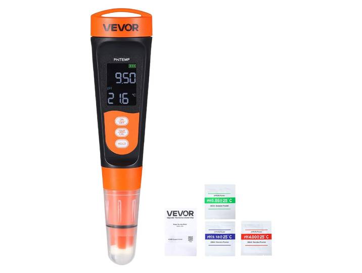 Appareil de mesure du pH VEVOR\, plage de mesure de 0 à 14\, sonde étanche (IP68)\, kit de pH-mètre avec poudre de calibration\, écran en acier inoxydable\, testeur pour l'eau potable\, l'hydroponie et l'eau des aquariums