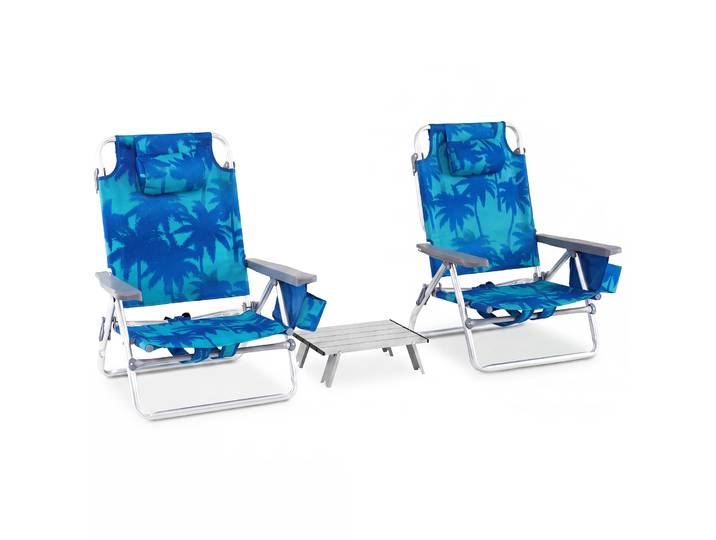 Set van 2 Strandstoelen en Tafels Set met 5-Standen Opvouwbare Rugzakstoelen en Aluminium Tafels-Marineblauw