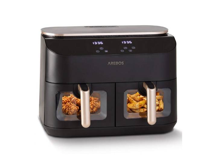 Arebos Heißluftfritteuse AR-HE-DPH10, 2450 W, 2 separat steuerbare Garzonen, SYNC- & MATCH-Funktion, 2 Sichtfenster