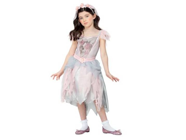 Smiffys Vintage Ghost Bride Kostuum Jurk & Sluier Hoofdband, Halloween Kind Fancy Jurk, Bruid Dress Up Kostuums