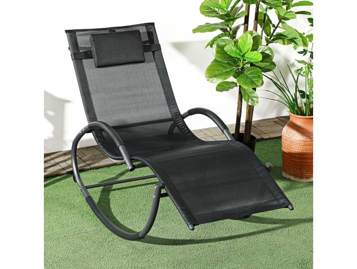 Outsunny Chaise Longue Bascule Tétière Noir Extérieur/Intérieur