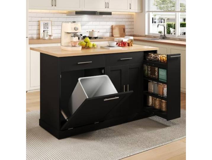 Fiednoy Küchenwagen auf Rollen, klappbare Arbeitsplatte, Schwarz 120x91 cm Kücheninsel mit Müllfach, 4-stufigem Gewürzregal, 2 Schubladen, offener Ablage, Ablagetür, 360° Rollen, Esszimmer Wohnzimmer