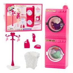 Lean Toys Puppenwäsche-Set Waschmaschine Trockner Kleiderbügel Korb Rosa (65649718)