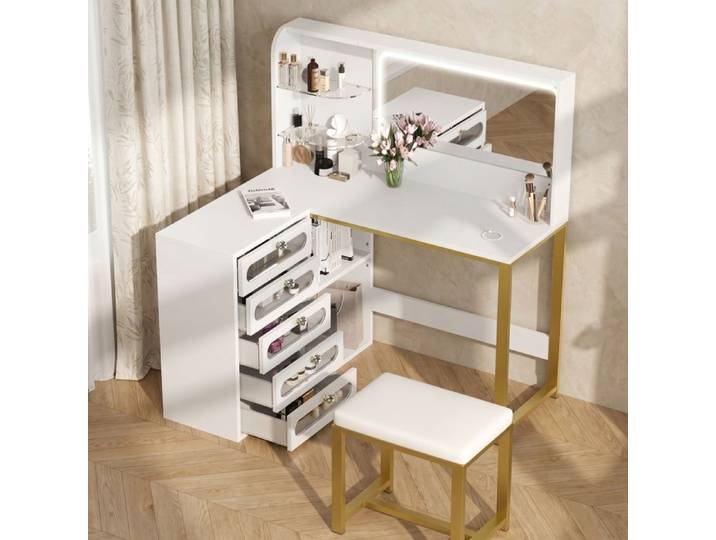 Grande Coiffeuse avec Miroir+Tabouret - Éclairage LED Réglable - 5 Tiroirs 2 Étagères - Coiffeuse d'angle en L - Blanc 120x80x135cm