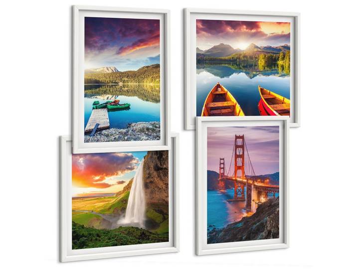 BILDER SET 4er Set - 50x50 cm & 40x60 cm Weißer Rahmen - Bergseen, Boote, Brücken