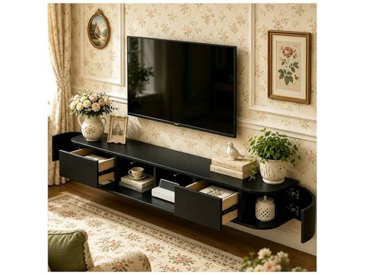 ASKLFNEI TV Lowboard Hängend 240cm Schwarz, Modern Schwebende TV Schrank 30cm Breit Mit 2 Schubladen 2 Klappen Türen, Mit Kabelmanagement für Wohnzimmer und Esszimmer, Bereits montiert
