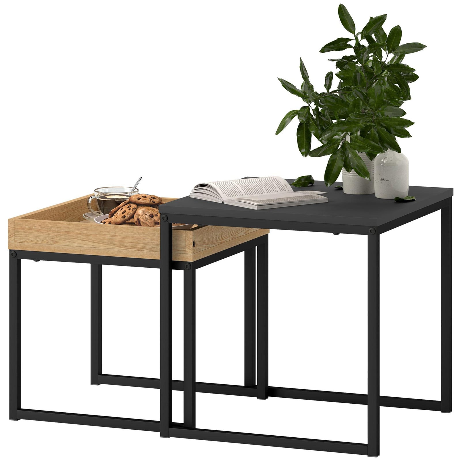 HOMCOM 2-delige set bijzettafels met stalen frame en nested tops voor de woonkamer