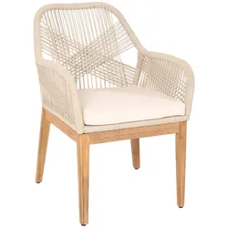 Proregal Gartenstuhl | HxBxT 85x58x59 cm | Sitzhöhe 47cm | wetterfest Seilgeflecht Rope Holz Akazie | Beige Kissen Creme-Weiß | Sessel Outdoor Stuhl