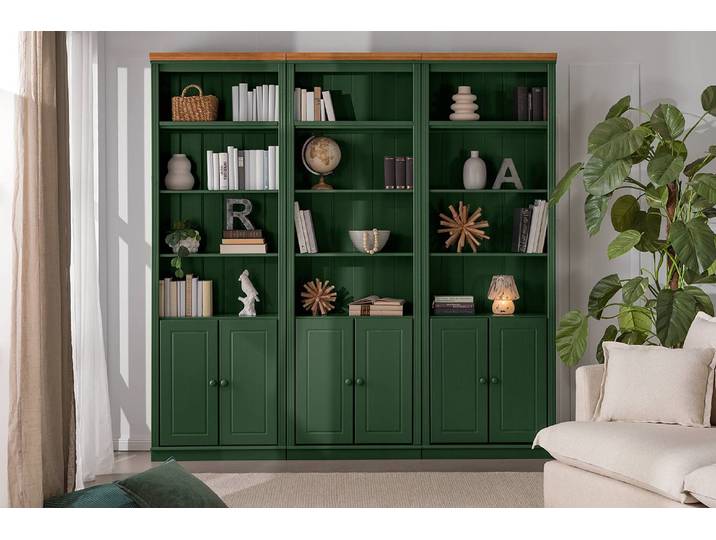 Bibliothèque massive C Pin massif verni Vert/Pin vert forêt/Pin couleur miel 222 x 223 x 37cm