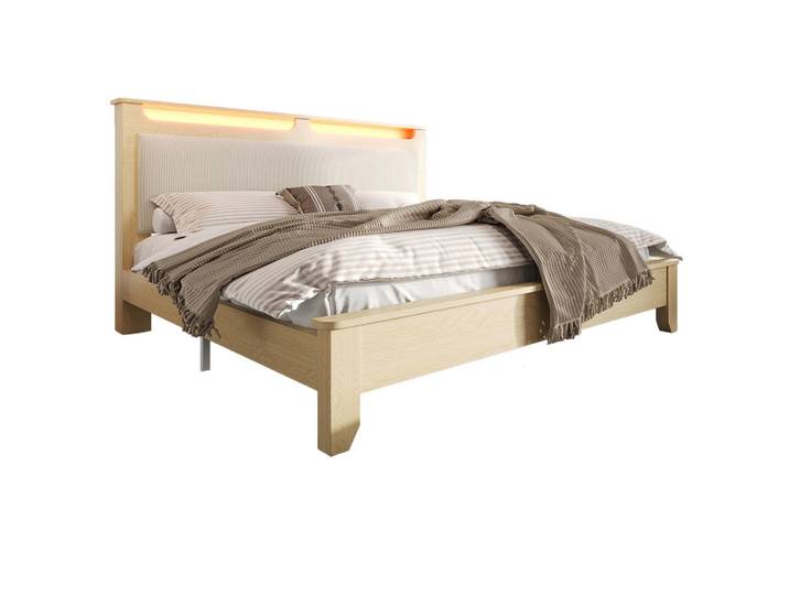 Redom Doppelbett 160/200 cm mit LED-Beleuchtung, Kopfteil mit Stauraum, Cord und Matratze, Eichefarben/Beige, 160x200 cm, Schlafzimmer, Betten, Polsterbetten