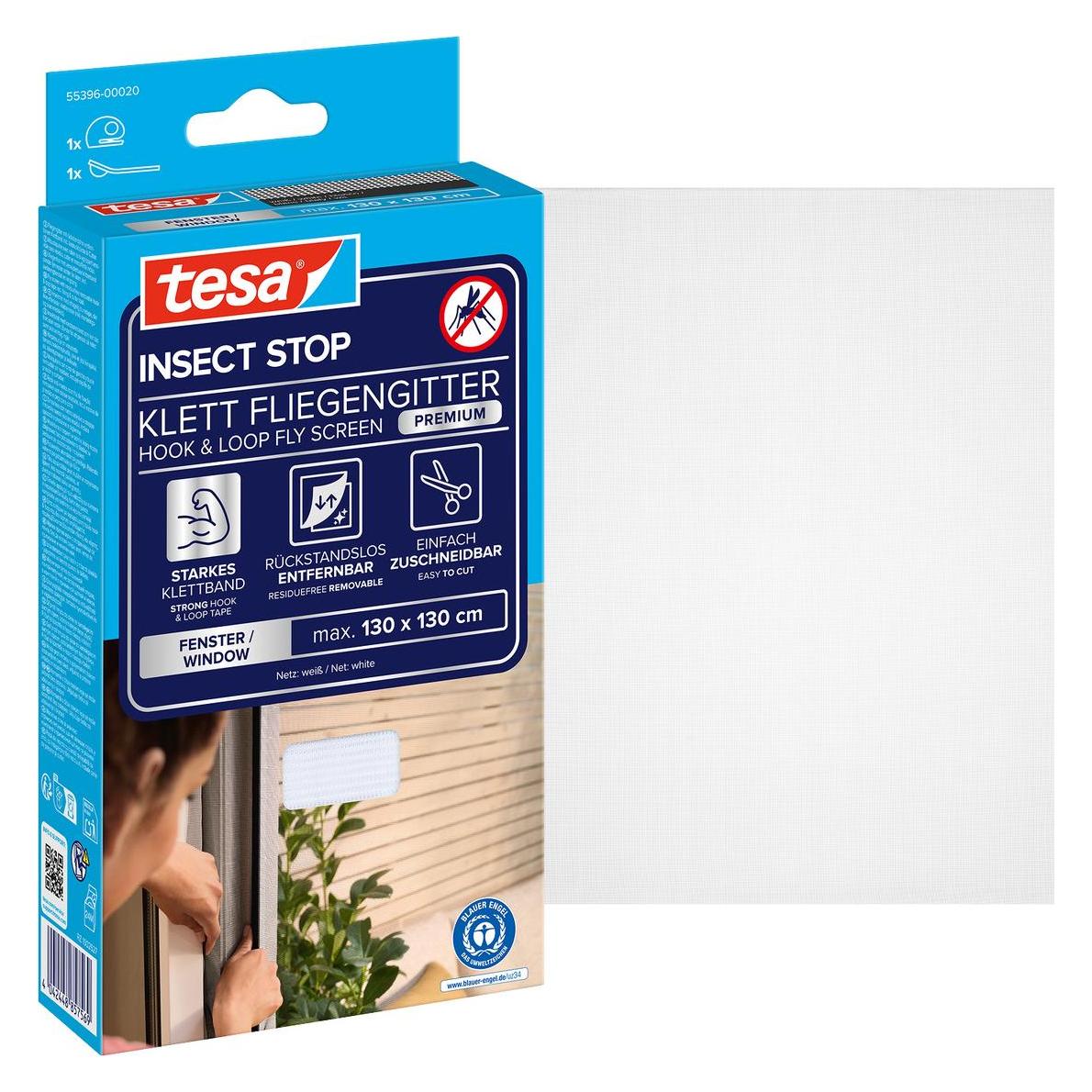 tesa Insektenschutz COMFORT für Fenster, mit Klettband, selbstklebend, ohne Bohren (130 x 130 cm) (55396-00020-00)