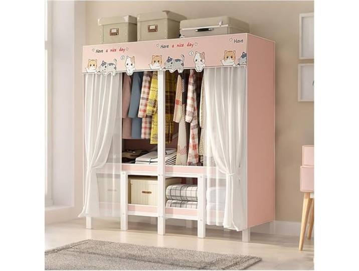 MmcdylyhEU Tragbarer, Faltbarer Kleiderschrank Mit Abdeckung – L-Kleiderständer for Schlafzimmer, Stilvoller Kleidungsorganisator, Mantelaufbewahrungslösung(Pink,130cm/51.2inch)