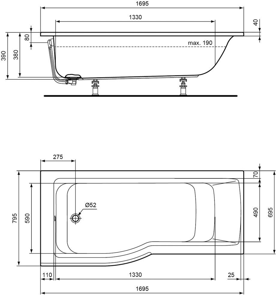 Ideal Standard Air Raumspar-Badewanne 170 x 80 cm links