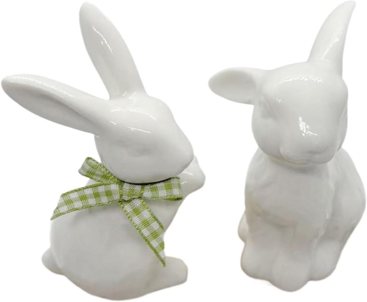 Set van 2 witte paashaas beeldjes voor decoratie op tafel