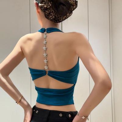 Daily Discovery Star Chain Backless Halter Top With Built In Pads Breathable Chain Cami Top For Women blue