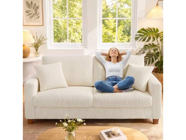 Kidirect Cord Sofa 3 Sitzer, 178CM Bequemes Couch 3 Sitzer, Sofa Wohnzimmer Big Sofa Couch 53CM Extra Tiefe Sitze, Werkzeugfreie Montage, Modernes Couch fürs Büro, 2 Kissen, Schlafzimmer Sofas Beige
