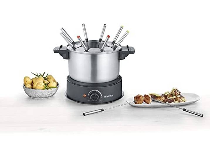 SEVERIN Fondue électrique 8 personnes avec caquelon inox amovible\, Inclus : Protection antiprojections et 8 fourchettes\, Noir/Inox\, FO 2470