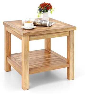 Costway Teak Wood Square Side Table with Open Shelf for Small Space