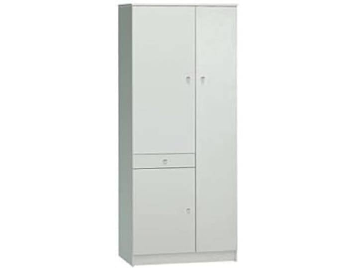 Multifunktions-Kleiderschrank mit einer einzigen Tür auf der rechten Seite und auf der linken Seite zwei Türen geteilt durch eine Schublade, Farbe Weiß, 77 x 34 x 183 cm.