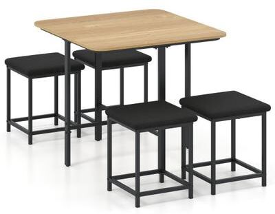 Costway Dining Table Set with 4 Upholstered Stools and Metal Frame-Natural
