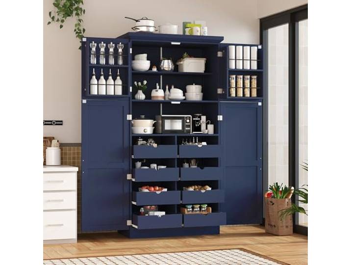 twwhyg Freistehender Bauernhaus-Küchen-/Pantry-Aufbewahrungsschrank mit Schubladen(Blue-8.5)