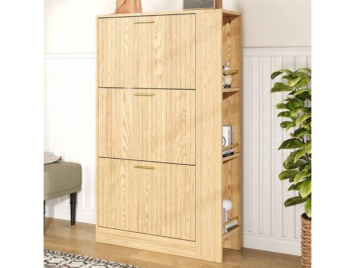 Meuble à chaussures minimaliste 3 portes grande capacité niches ouvertes effet bois entrée