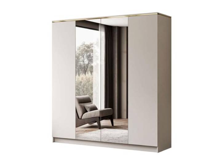 Lookway Kleiderschrank Aurora 4D Kaschmirmit Spiegel mit Goldener Dekorleiste – Öffnung wahlweise Push-to-Open oder goldene Griffe – Modern & elegant (Push-to-Open System)